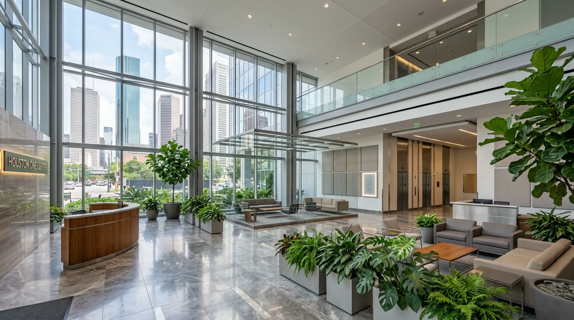 Wnętrze lobby centrum biurowego przy Smith Street w Houston