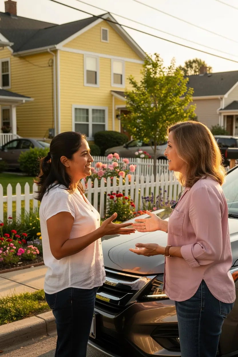 Изображение группы людей, обсуждающих различные варианты автострахования.